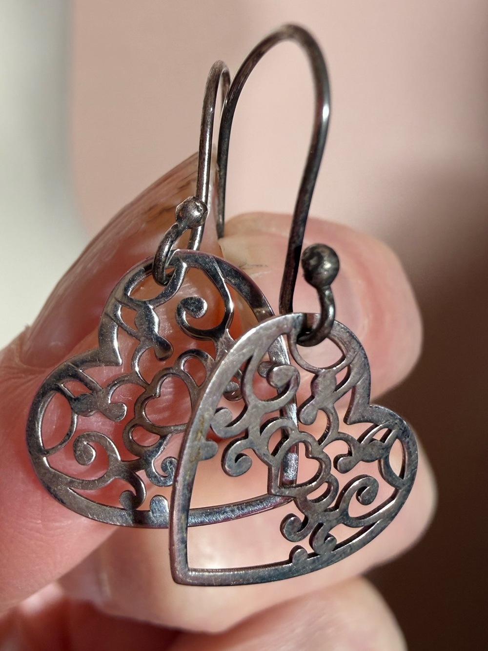 Vintage sterling silver Mexico ATI Filagree southwestern heart Dangle earrings